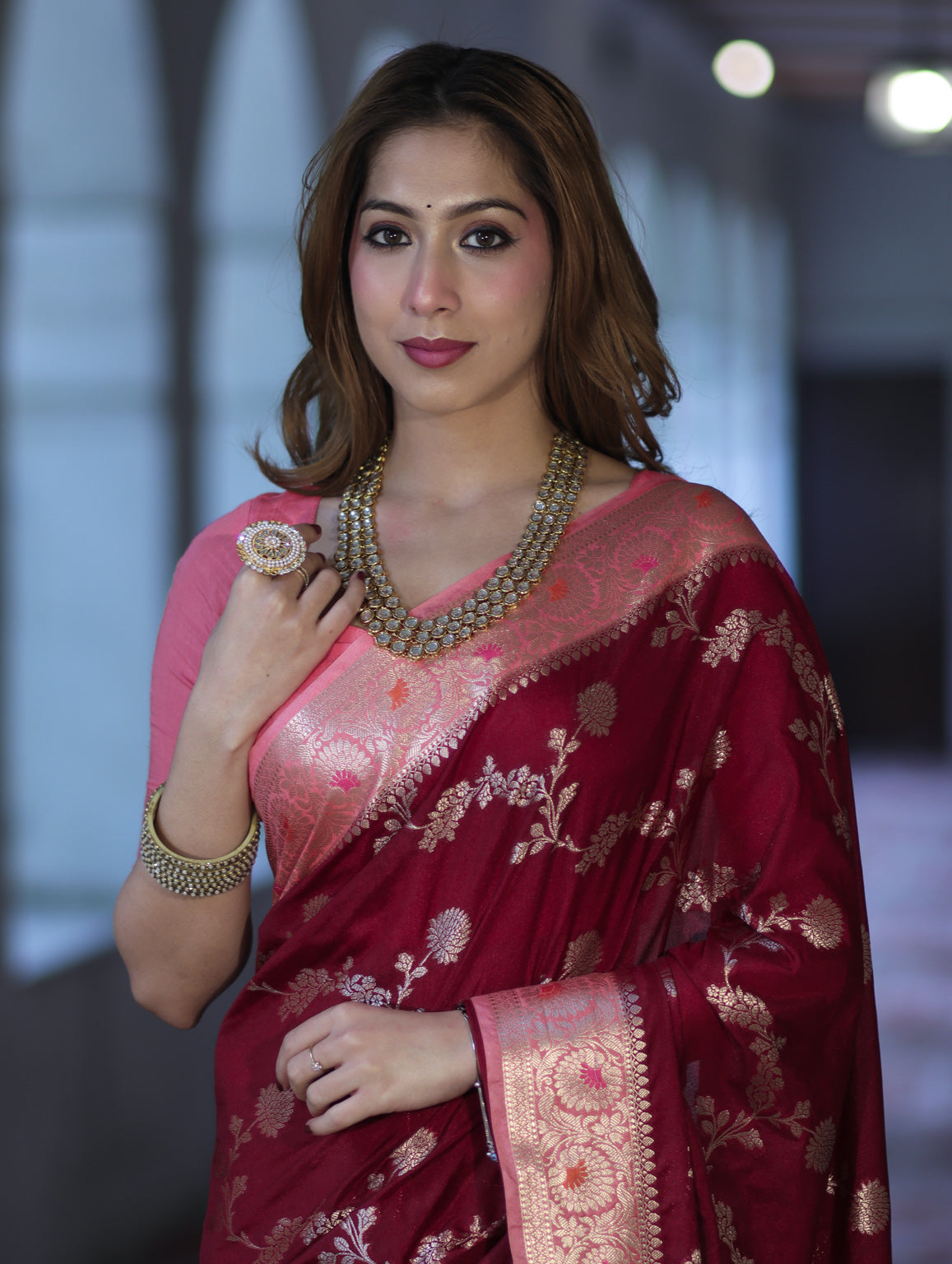 Banarasee Handloom Semi Silk Saree With Zari Woven Design & Contrast Border-Burgundy