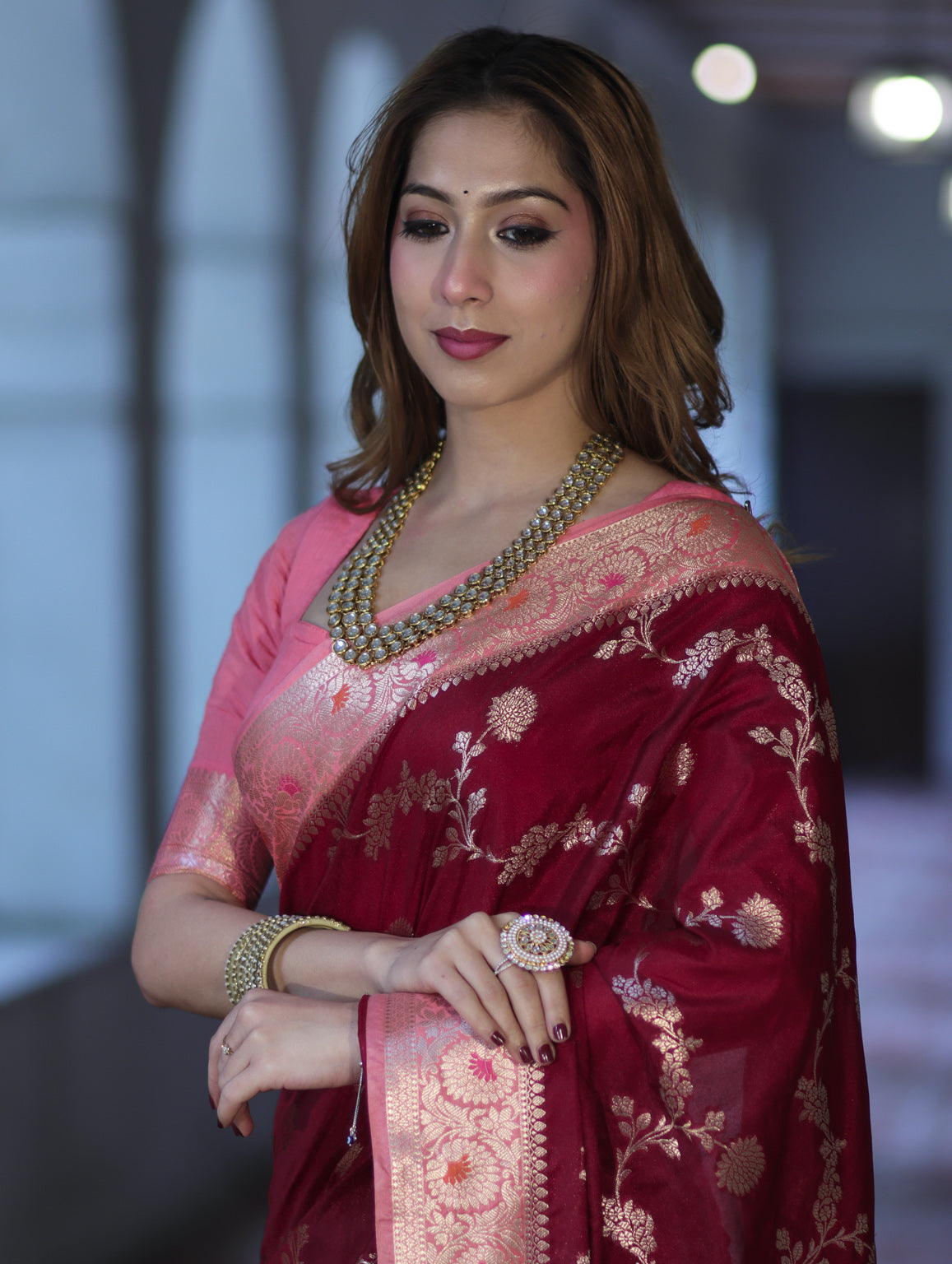 Banarasee Handloom Semi Silk Saree With Zari Woven Design & Contrast Border-Burgundy