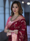 Banarasee Handloom Semi Silk Saree With Zari Woven Design & Contrast Border-Burgundy
