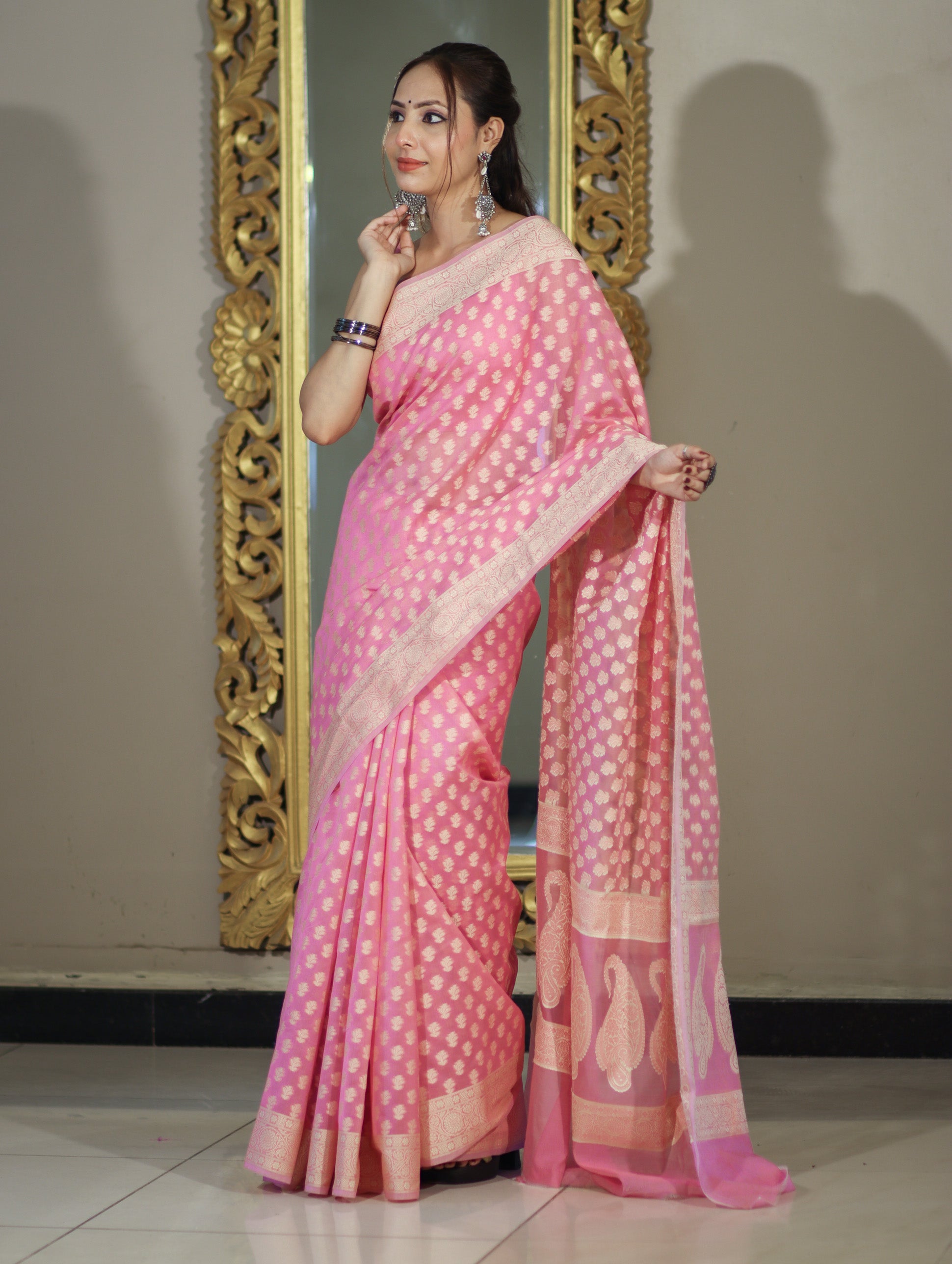 Banarasee Handloom Cotton Silk Saree With Resham Woven Buti & Border-Light pink