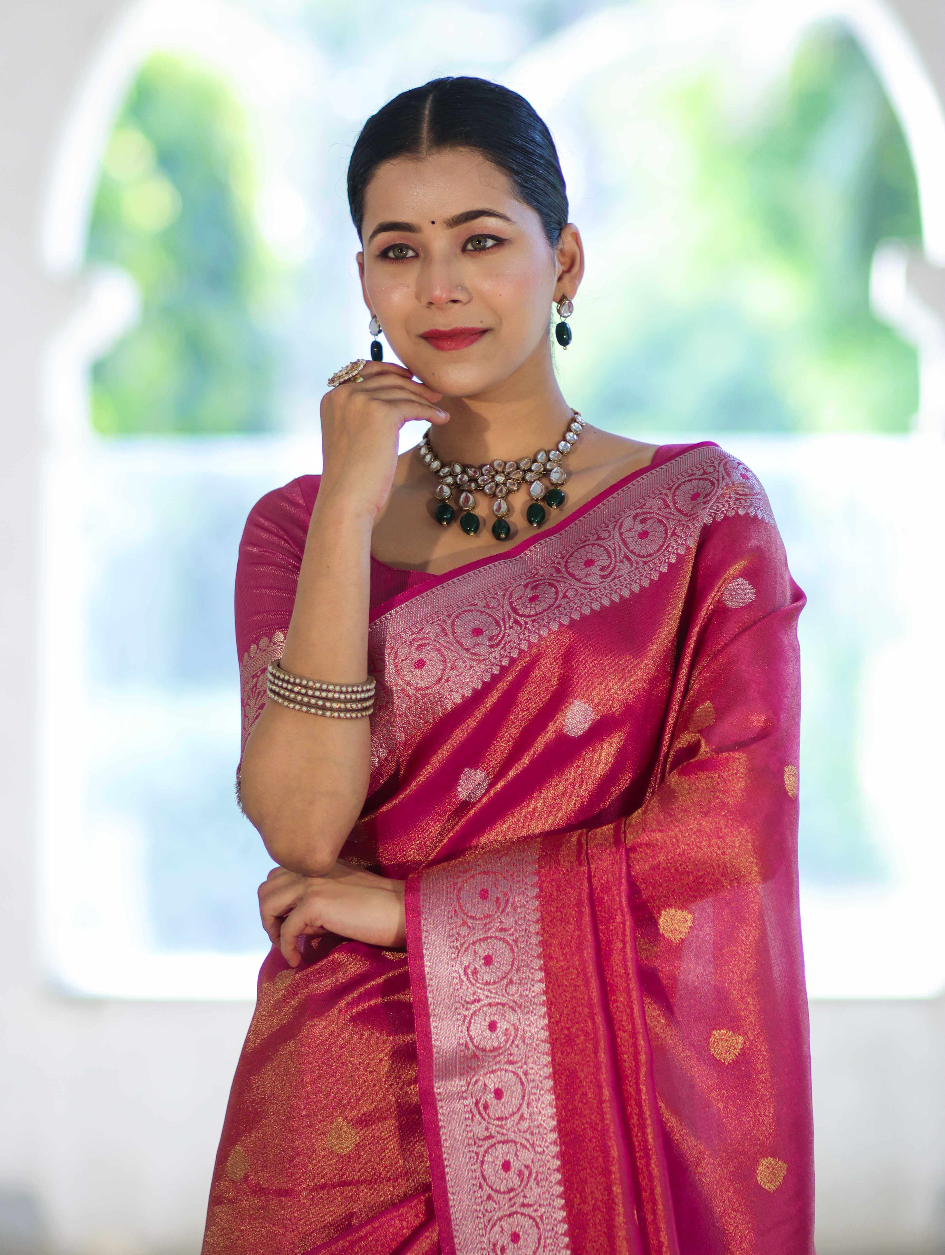 Banarasee Handloom Dual Tone Shimmer Silk Saree With Buti Design & Meena Border-Pink