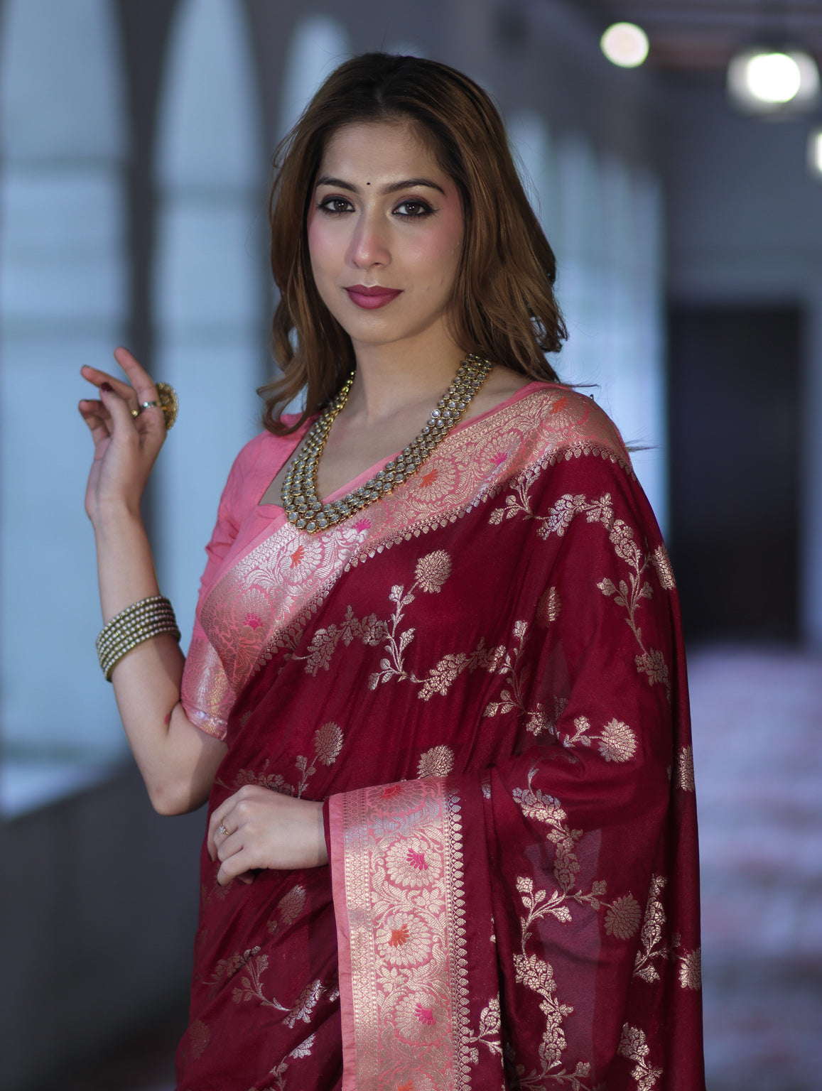 Banarasee Handloom Semi Silk Saree With Zari Woven Design & Contrast Border-Burgundy