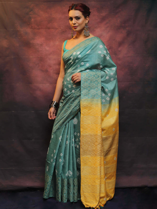 Bhagalpur Handloom Pure Linen Cotton Hand-Dyed Shibori Pattern Saree-Sea Green & Yellow