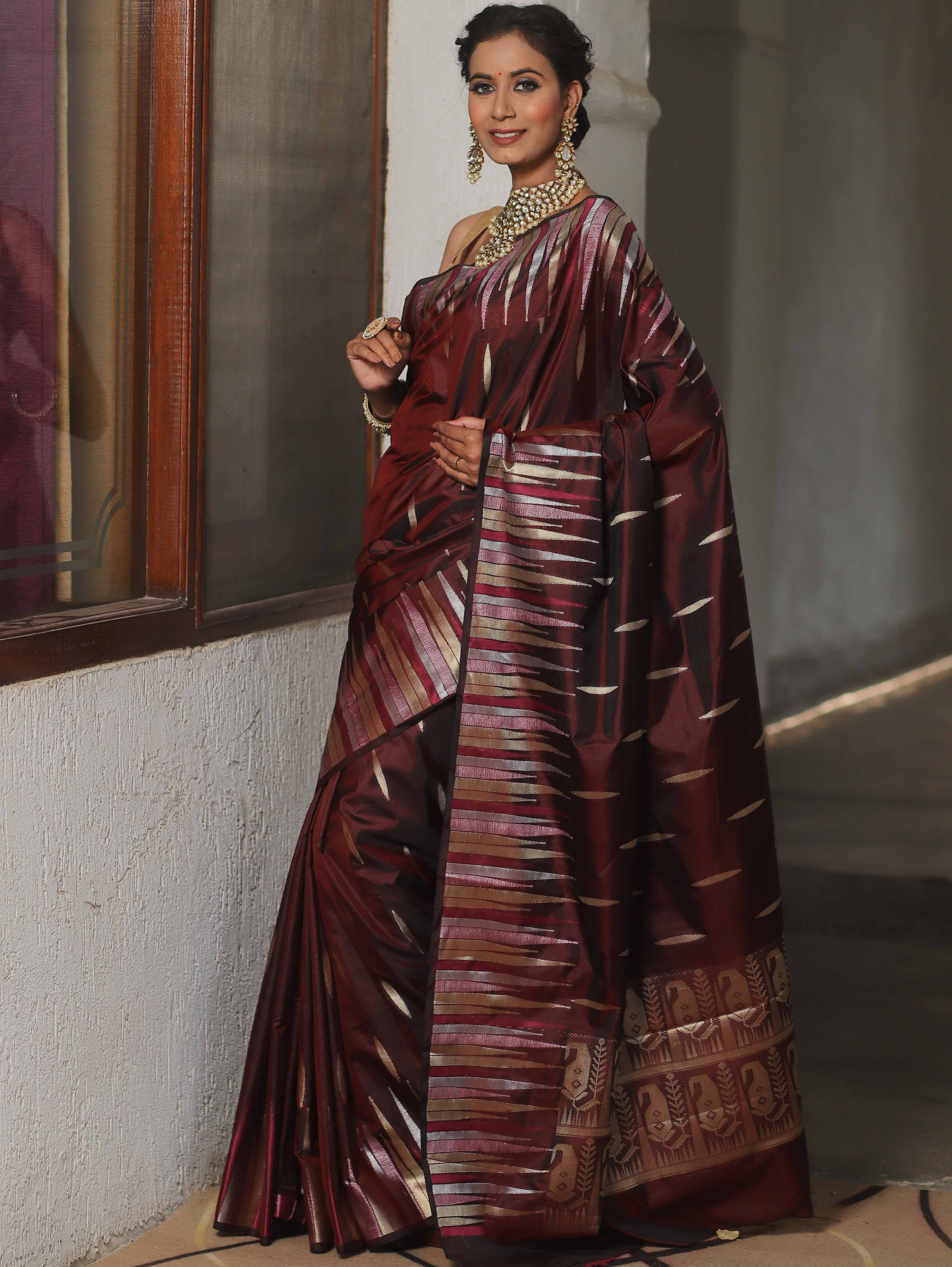 Banarasee Handwoven Semi Silk Saree With Zari Buti Design-Maroon