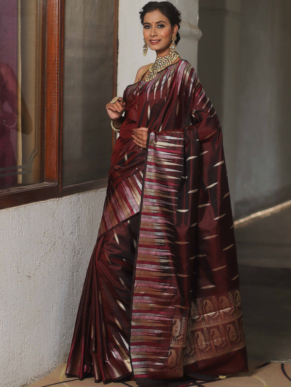 Banarasee Handwoven Semi Silk Saree With Zari Buti Design-Maroon