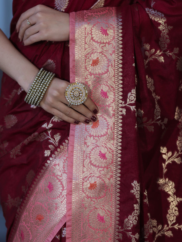 Banarasee Handloom Semi Silk Saree With Zari Woven Design & Contrast Border-Burgundy