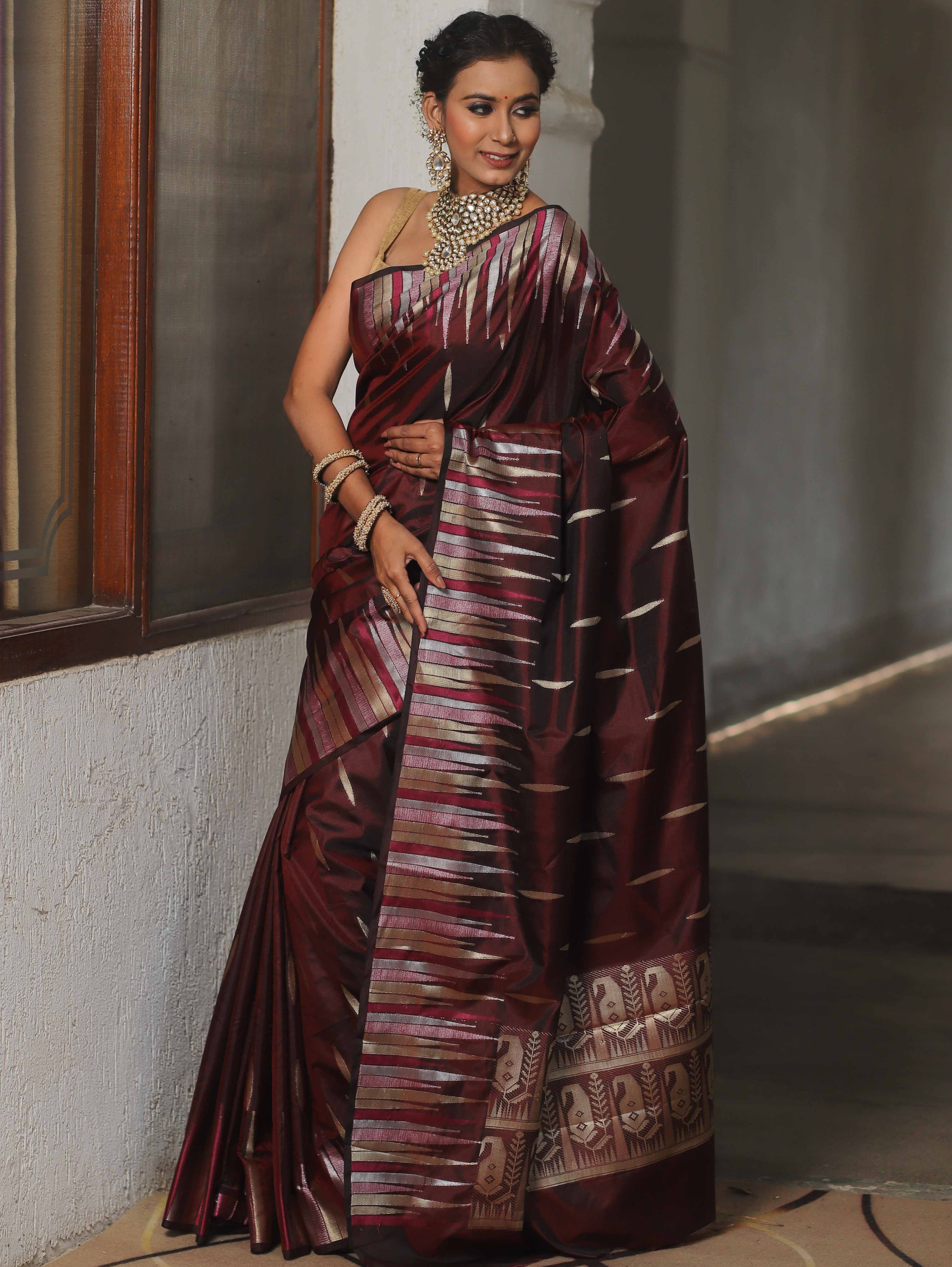 Banarasee Handwoven Semi Silk Saree With Zari Buti Design-Maroon