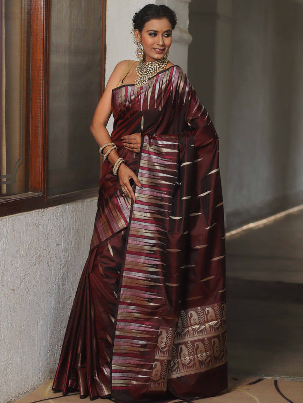 Banarasee Handwoven Semi Silk Saree With Zari Buti Design-Maroon