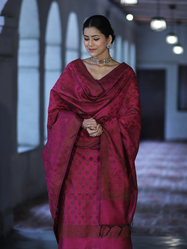 Banarasee Cotton Silk Resham Work Salwar Kameez Fabric With Dupatta Set-Magenta