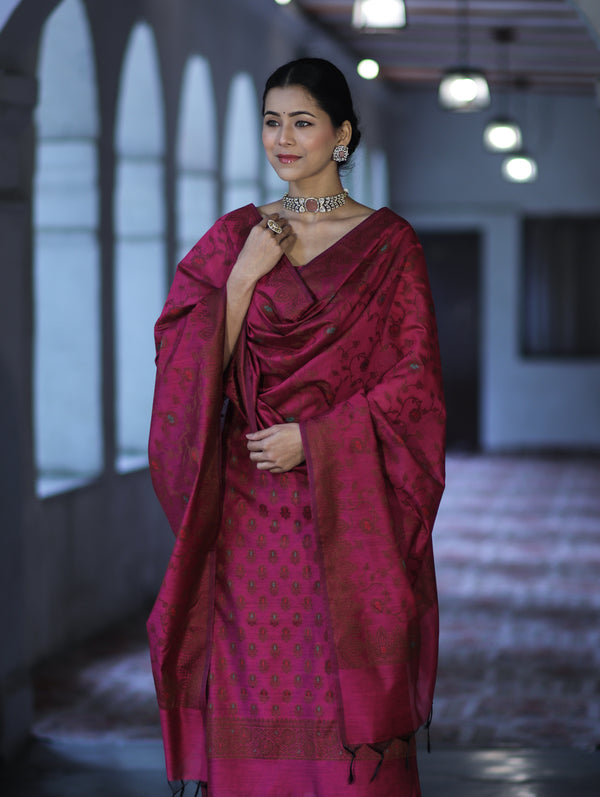 Banarasee Cotton Silk Resham Work Salwar Kameez Fabric With Dupatta Set-Magenta