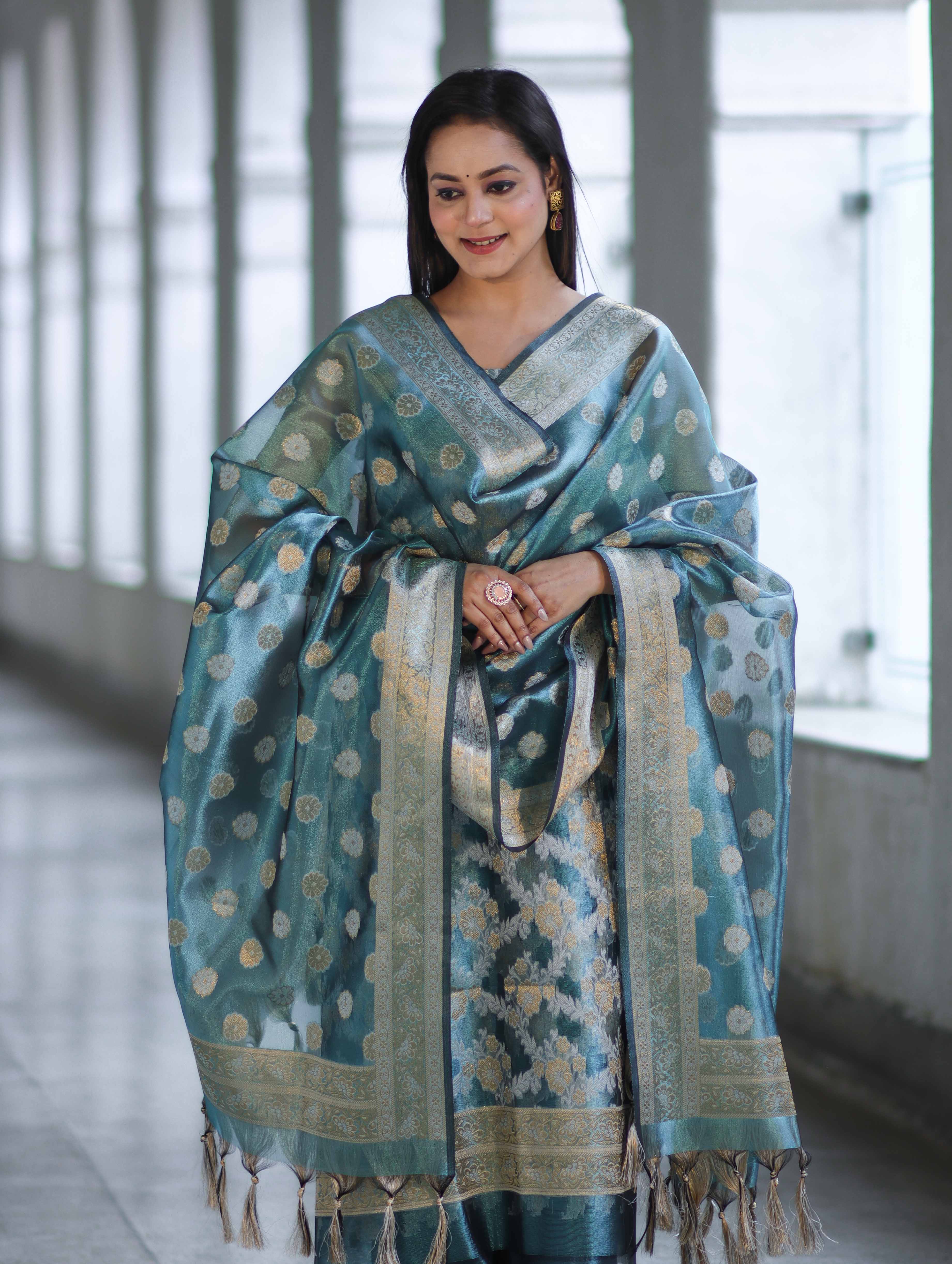 Banarasee Tissue Zari Work Salwar Kameez Fabric With Dupatta Set-Blue
