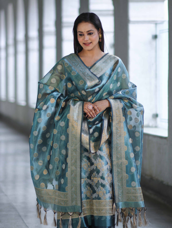 Banarasee Tissue Zari Work Salwar Kameez Fabric With Dupatta Set-Blue