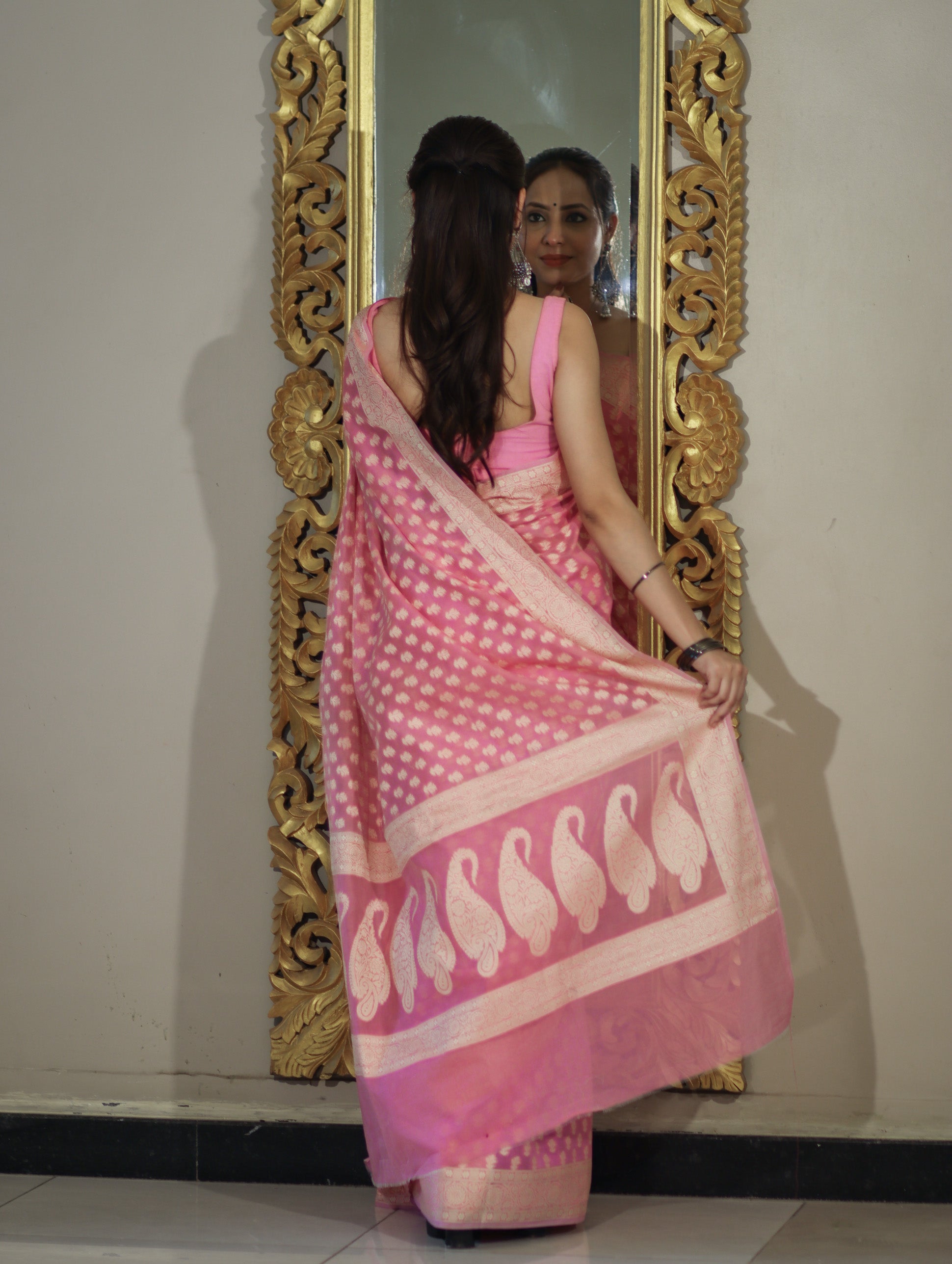 Banarasee Handloom Cotton Silk Saree With Resham Woven Buti & Border-Light pink