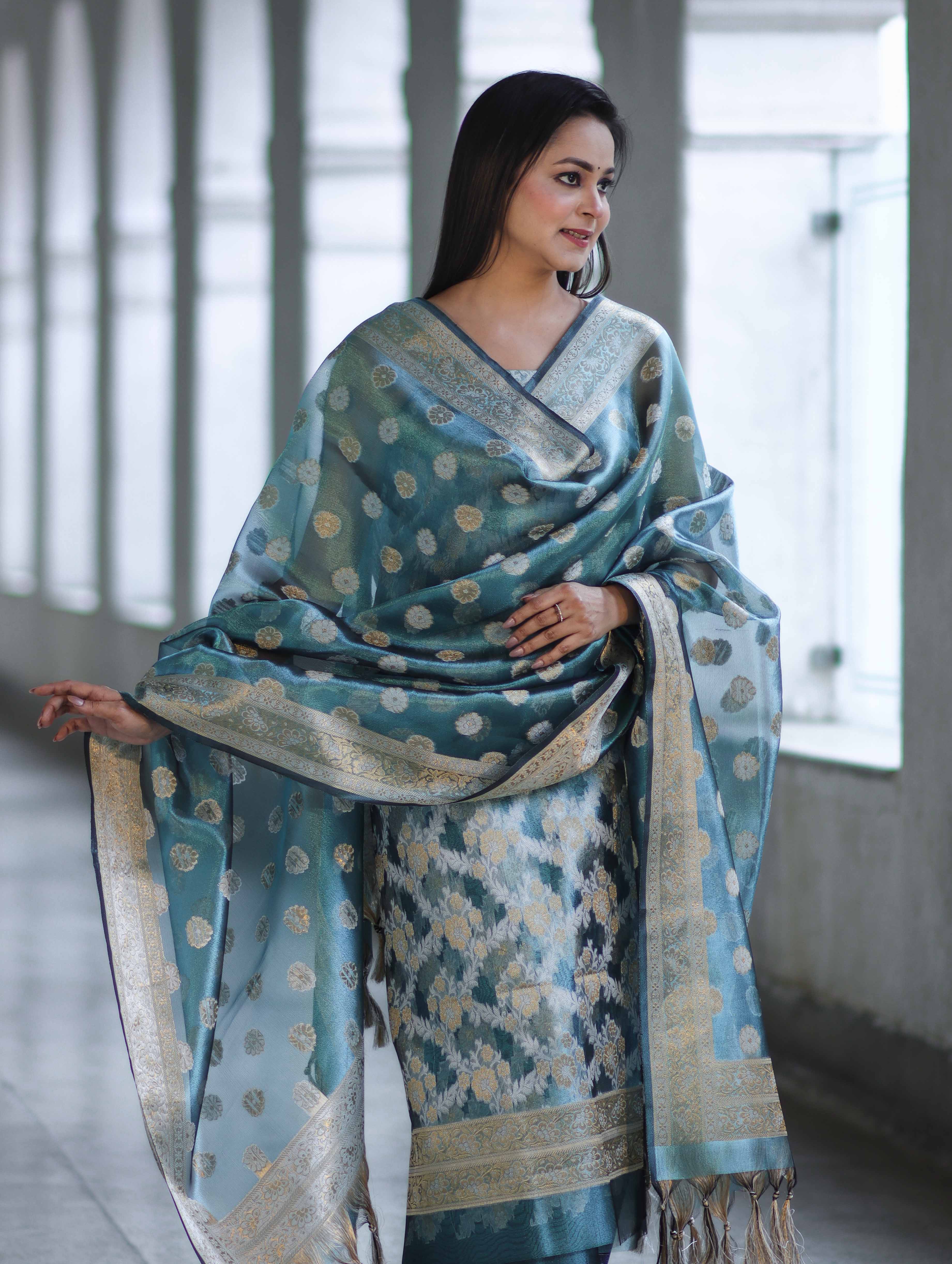 Banarasee Tissue Zari Work Salwar Kameez Fabric With Dupatta Set-Blue