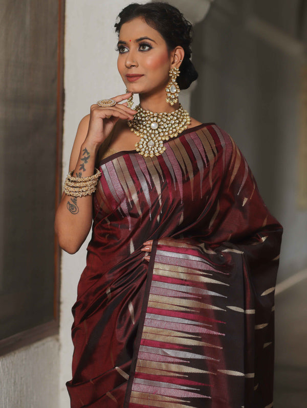 Banarasee Handwoven Semi Silk Saree With Zari Buti Design-Maroon