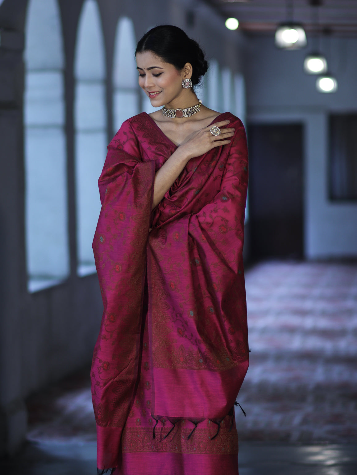 Banarasee Cotton Silk Resham Work Salwar Kameez Fabric With Dupatta Set-Magenta