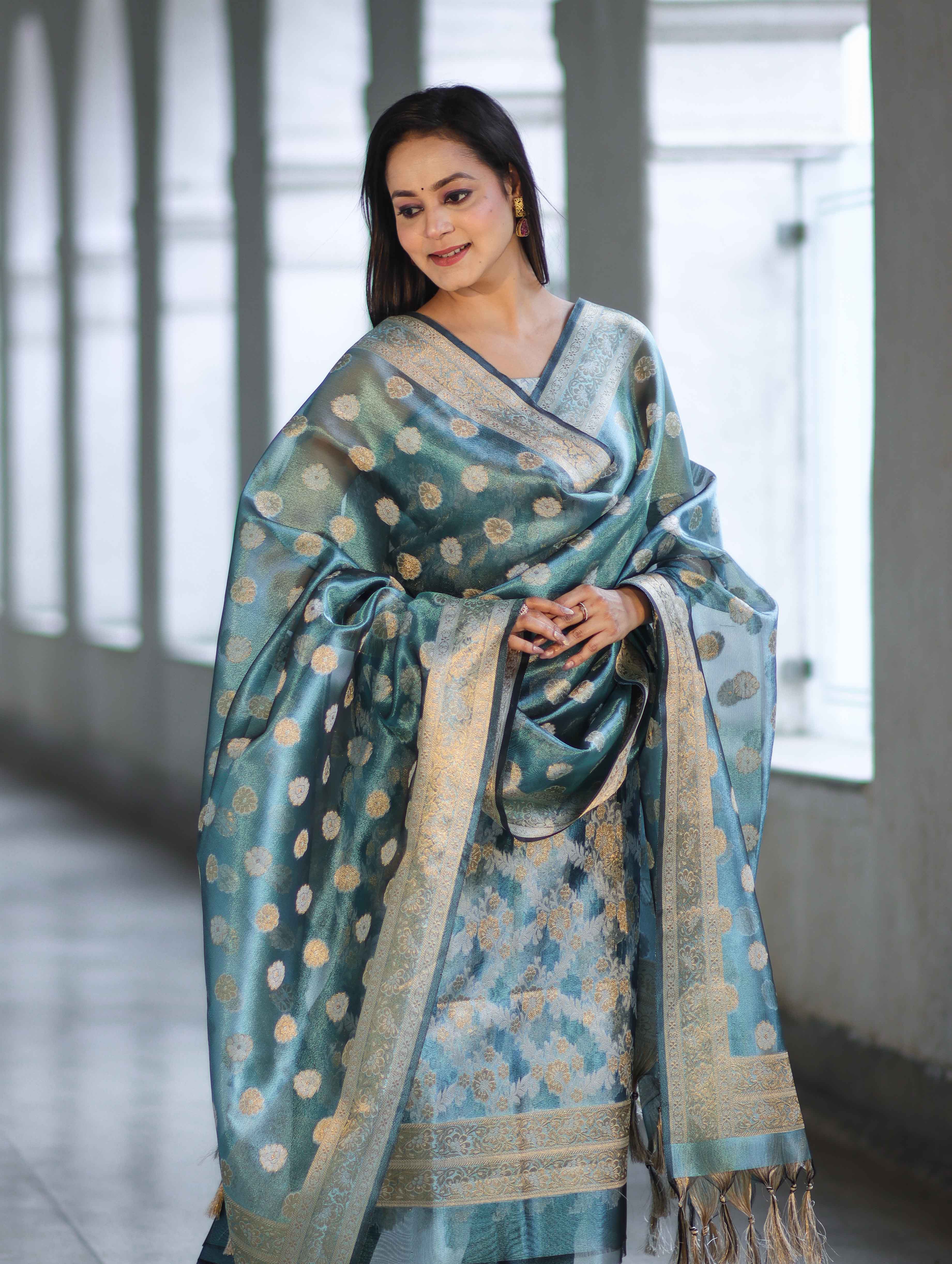 Banarasee Tissue Zari Work Salwar Kameez Fabric With Dupatta Set-Blue