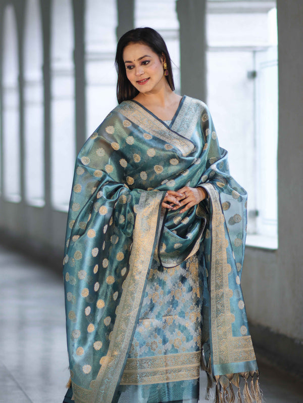 Banarasee Tissue Zari Work Salwar Kameez Fabric With Dupatta Set-Blue