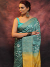 Bhagalpur Handloom Pure Linen Cotton Hand-Dyed Shibori Pattern Saree-Sea Green & Yellow