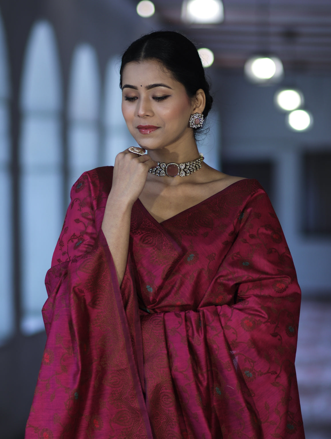 Banarasee Cotton Silk Resham Work Salwar Kameez Fabric With Dupatta Set-Magenta