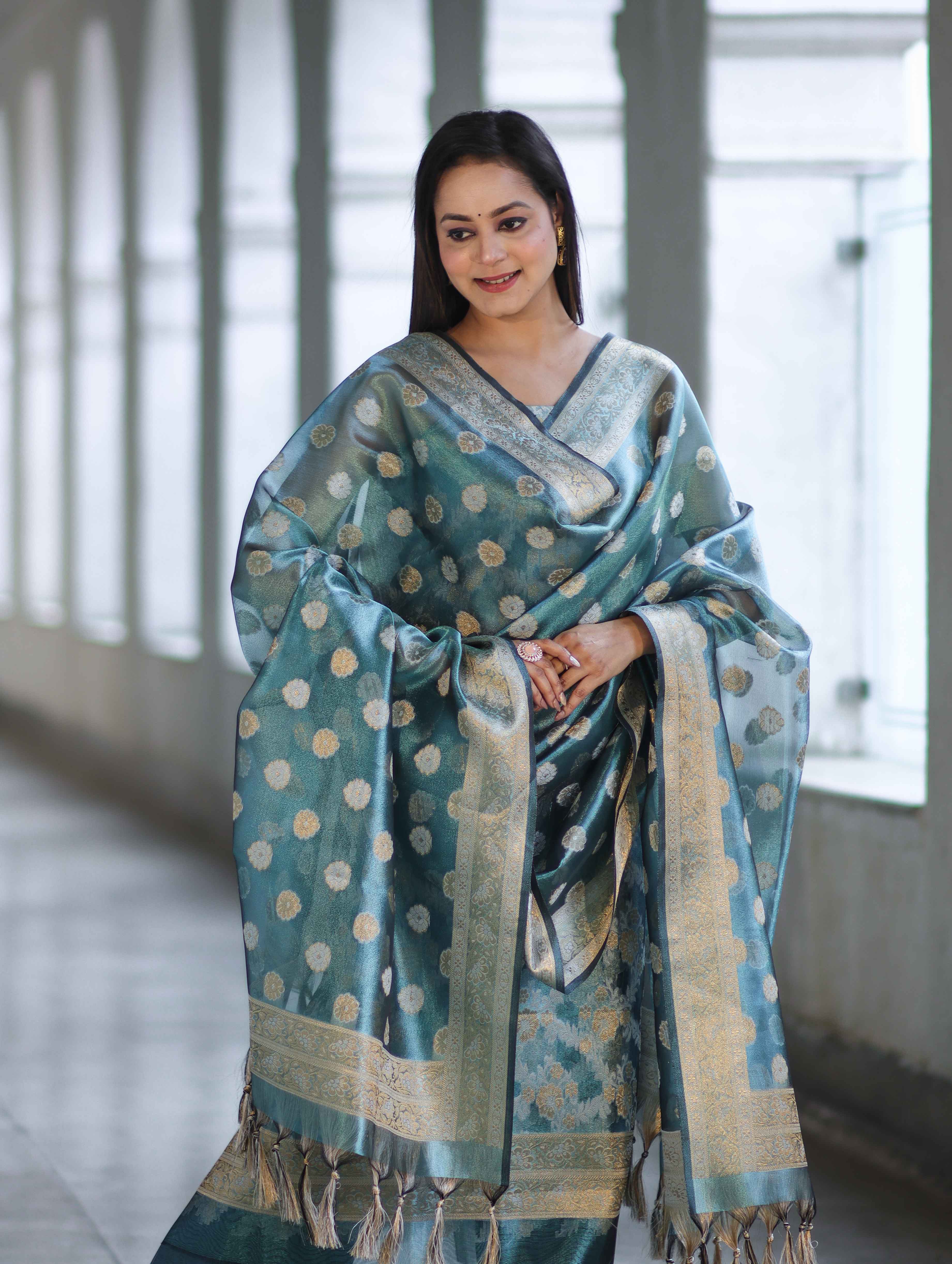 Banarasee Tissue Zari Work Salwar Kameez Fabric With Dupatta Set-Blue
