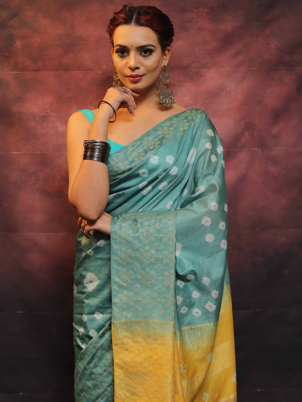 Bhagalpur Handloom Pure Linen Cotton Hand-Dyed Shibori Pattern Saree-Sea Green & Yellow