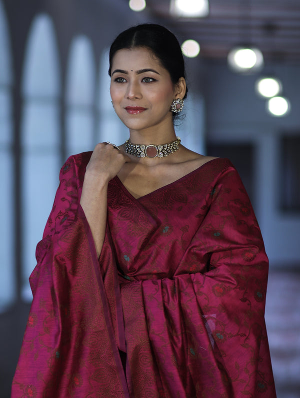 Banarasee Cotton Silk Resham Work Salwar Kameez Fabric With Dupatta Set-Magenta