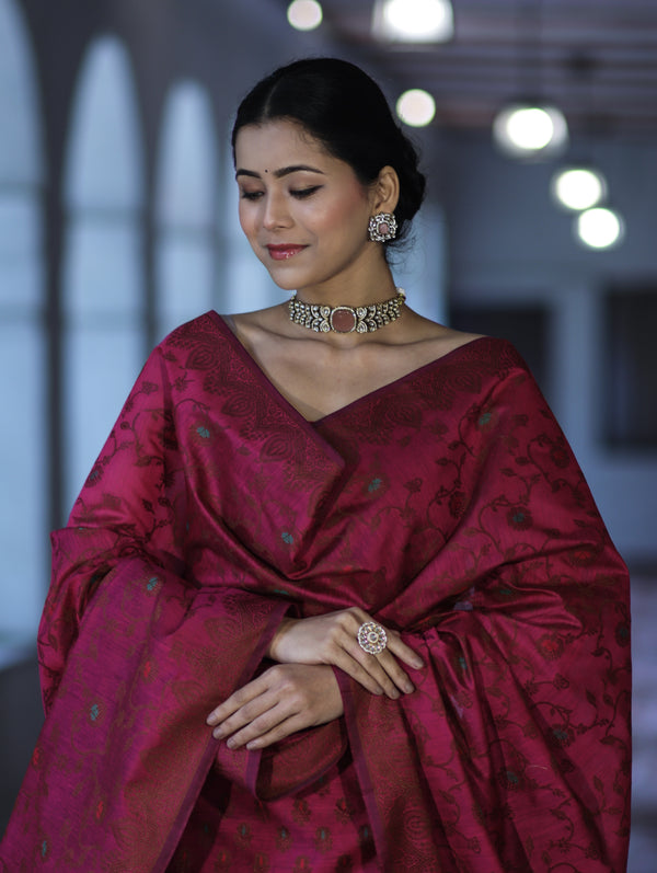 Banarasee Cotton Silk Resham Work Salwar Kameez Fabric With Dupatta Set-Magenta