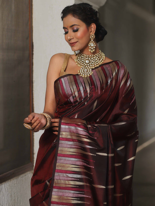Banarasee Handwoven Semi Silk Saree With Zari Buti Design-Maroon