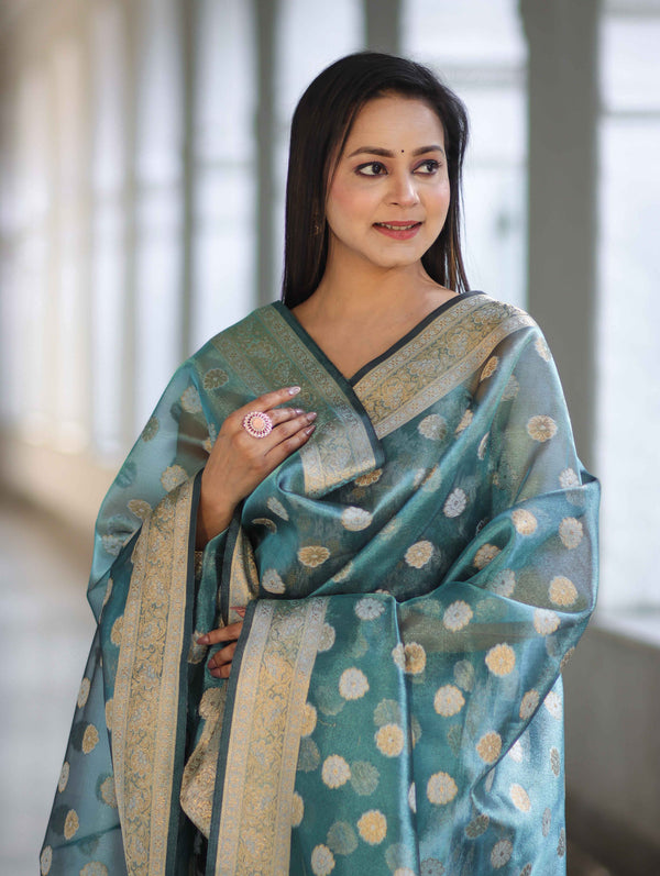 Banarasee Tissue Zari Work Salwar Kameez Fabric With Dupatta Set-Blue