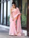 Banarasee Handloom Cotton Silk Plain Saree With Floral Zari Border-Light Pink