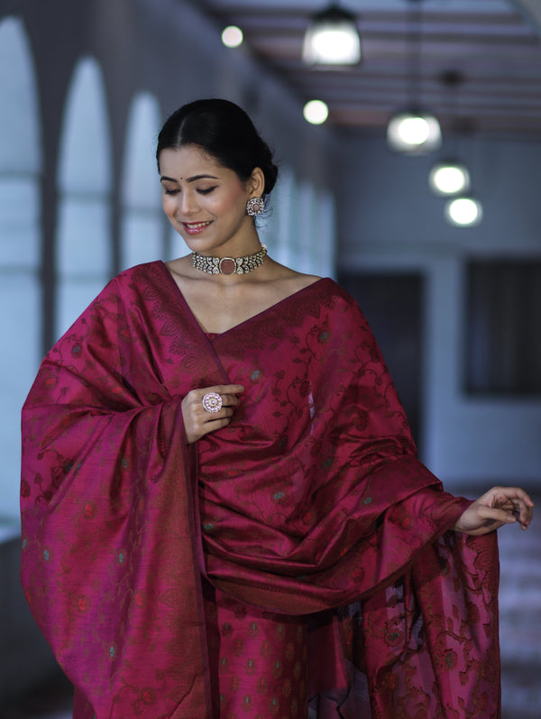 Banarasee Cotton Silk Resham Work Salwar Kameez Fabric With Dupatta Set-Magenta