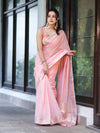 Banarasee Handloom Cotton Silk Plain Saree With Floral Zari Border-Light Pink