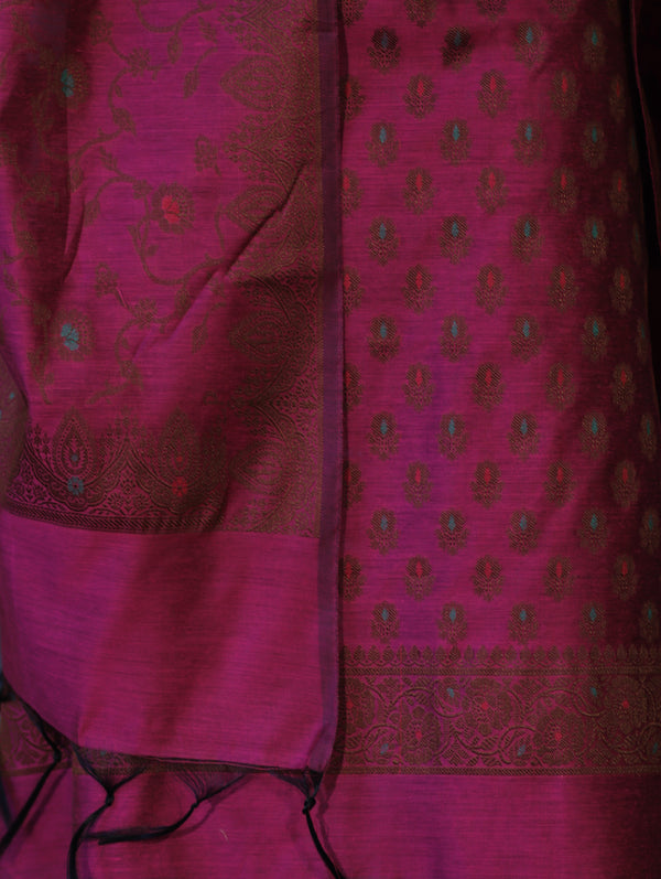 Banarasee Cotton Silk Resham Work Salwar Kameez Fabric With Dupatta Set-Magenta