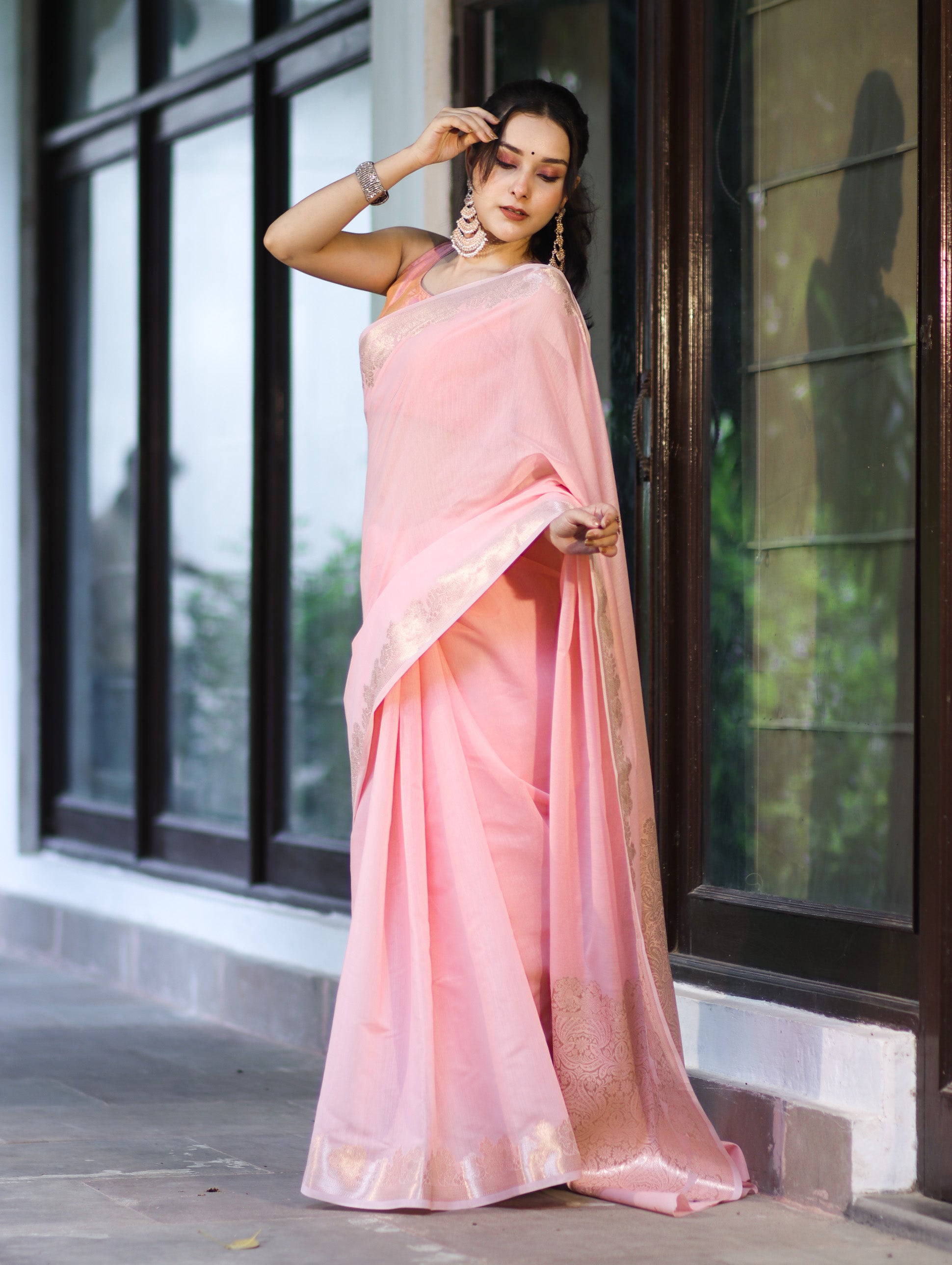 Banarasee Handloom Cotton Silk Plain Saree With Floral Zari Border-Light Pink
