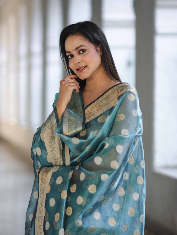Banarasee Tissue Zari Work Salwar Kameez Fabric With Dupatta Set-Blue
