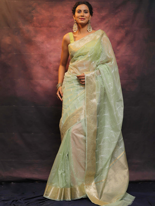 Banarasee Organza Floral Embroidery Sequin Work Saree-Pastel Green