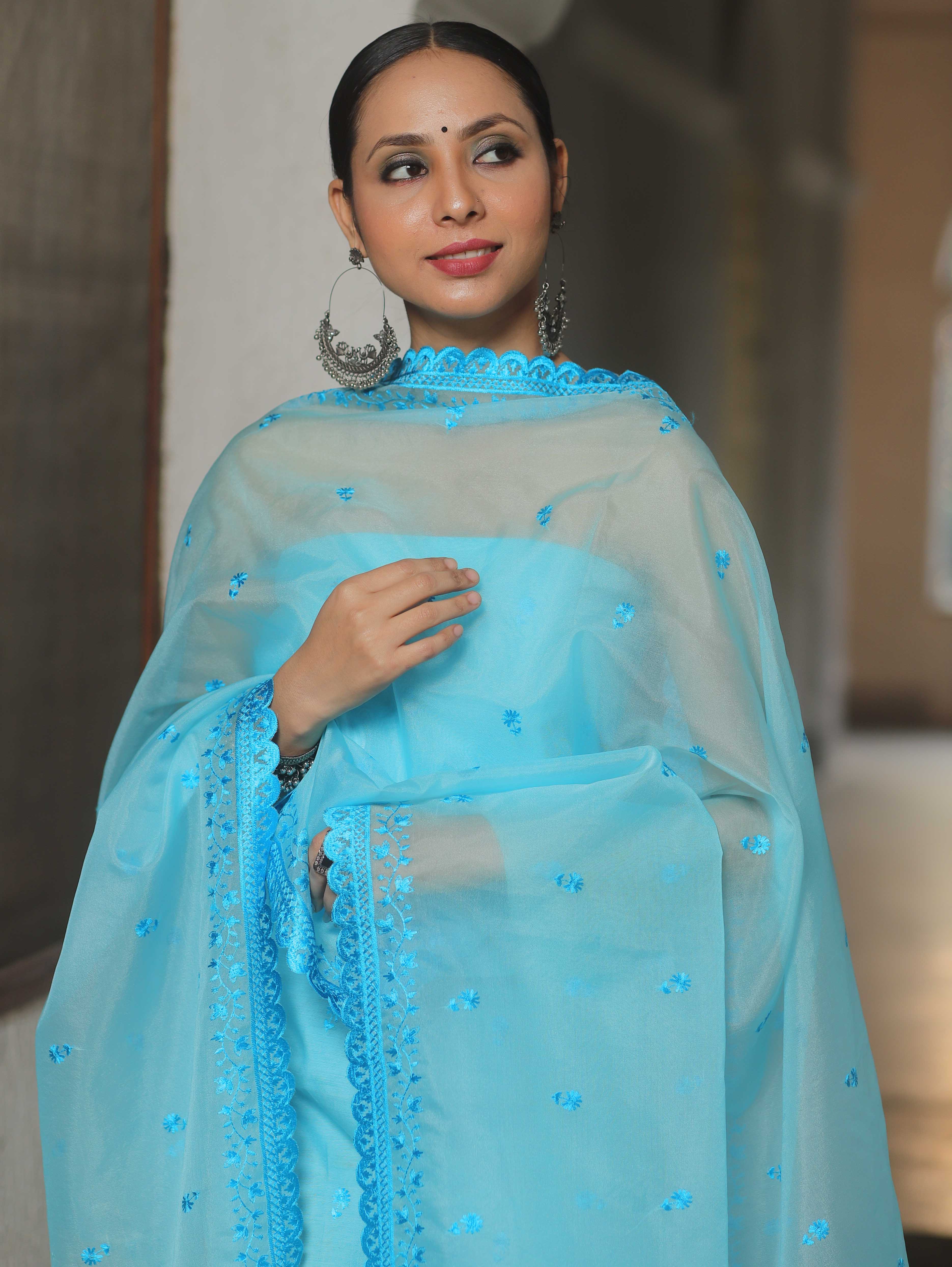 Banarasee Chanderi Cotton Embroidered Salwar Kameez Fabric With Dupatta-Blue