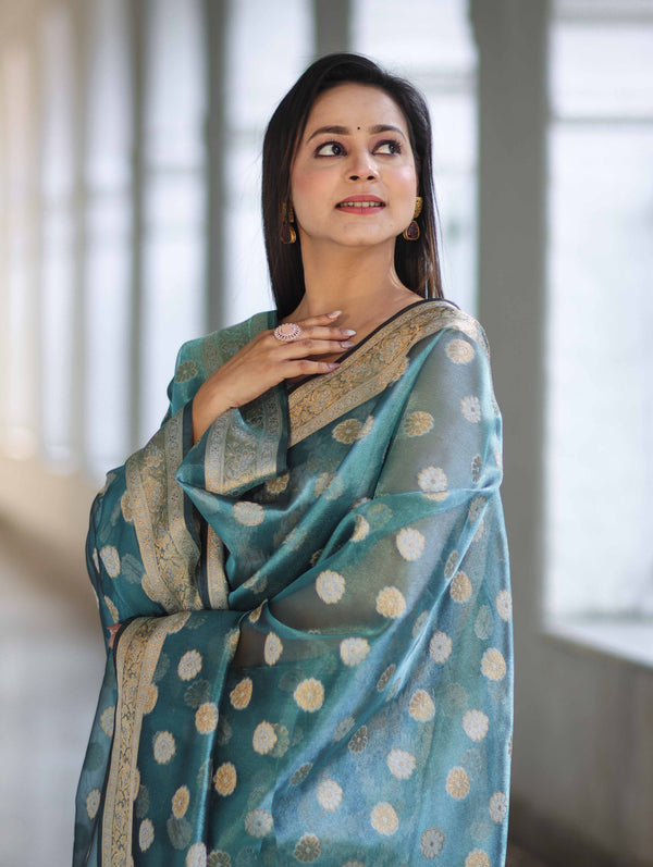 Banarasee Tissue Zari Work Salwar Kameez Fabric With Dupatta Set-Blue