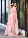 Banarasee Handloom Cotton Silk Plain Saree With Floral Zari Border-Light Pink