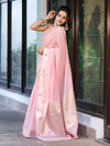 Banarasee Handloom Cotton Silk Plain Saree With Floral Zari Border-Light Pink