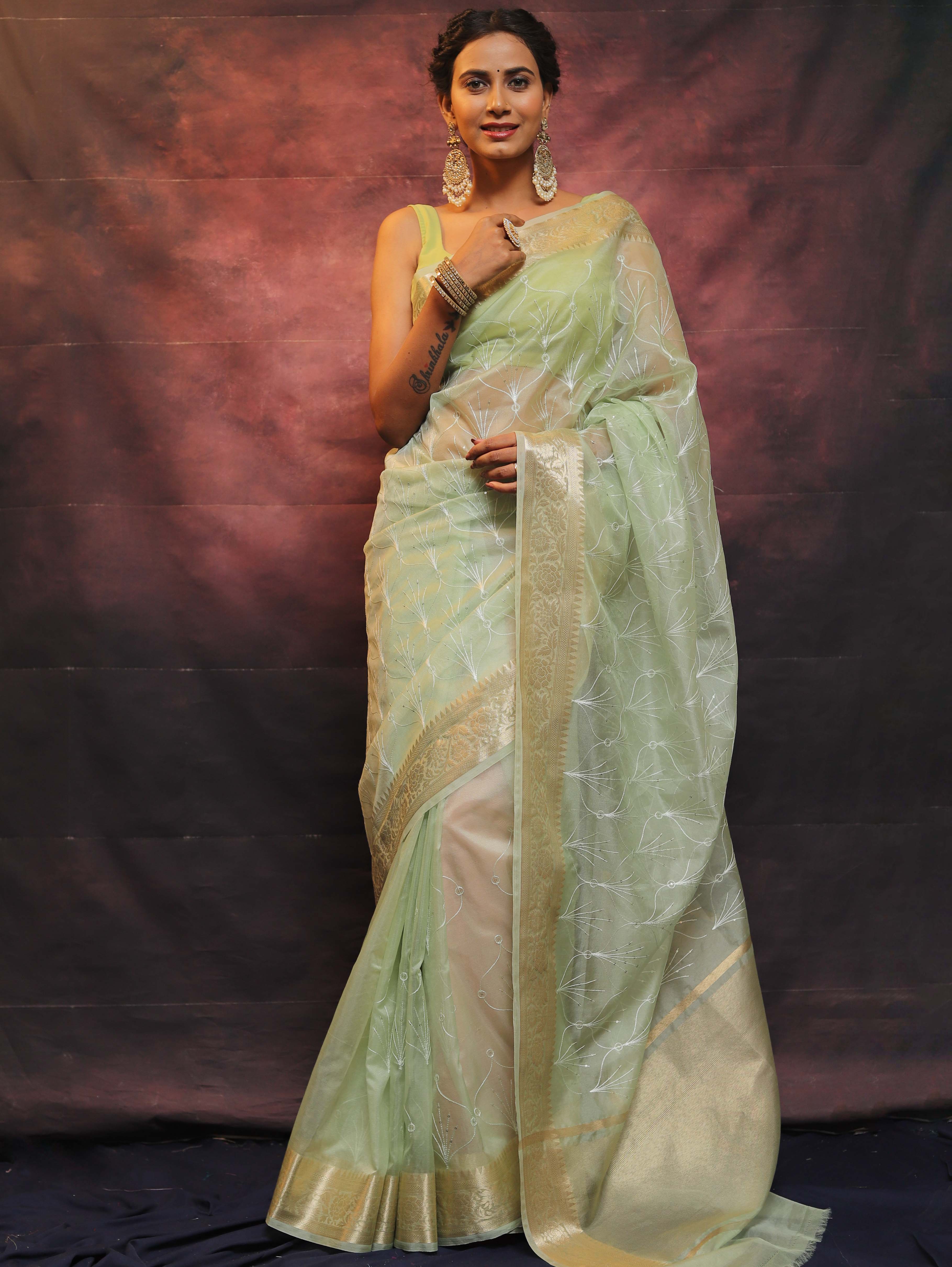 Banarasee Organza Floral Embroidery Sequin Work Saree-Pastel Green
