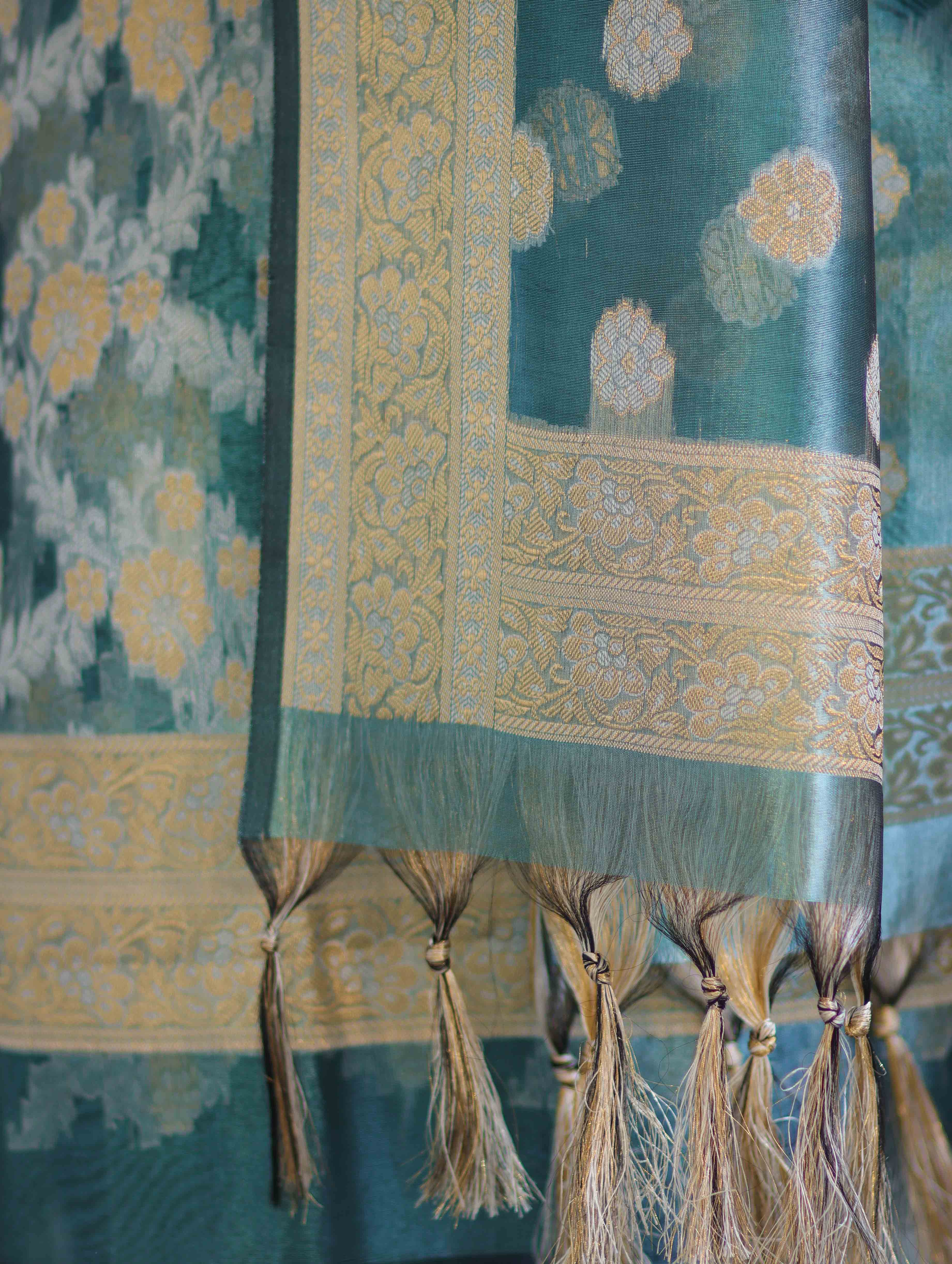 Banarasee Tissue Zari Work Salwar Kameez Fabric With Dupatta Set-Blue
