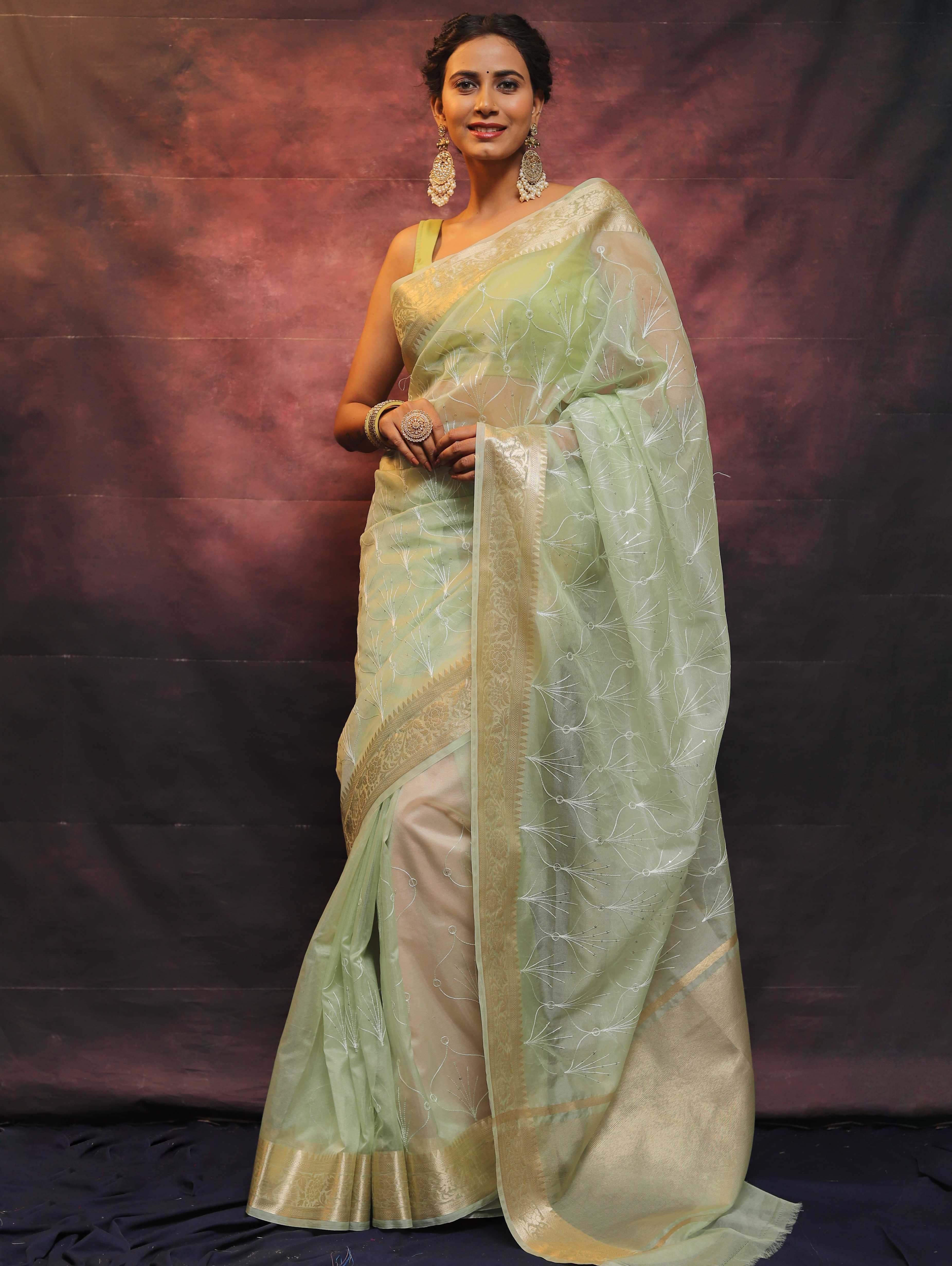 Banarasee Organza Floral Embroidery Sequin Work Saree-Pastel Green