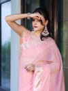 Banarasee Handloom Cotton Silk Plain Saree With Floral Zari Border-Light Pink