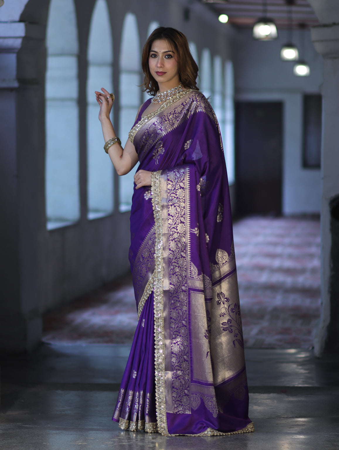 Banarasee Handloom Semi Silk Saree With Sona Rupa Zari Buta Design Floral Border & Lace-Violet