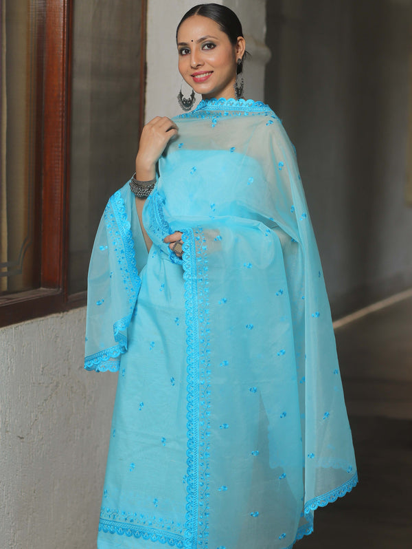 Banarasee Chanderi Cotton Embroidered Salwar Kameez Fabric With Dupatta-Blue