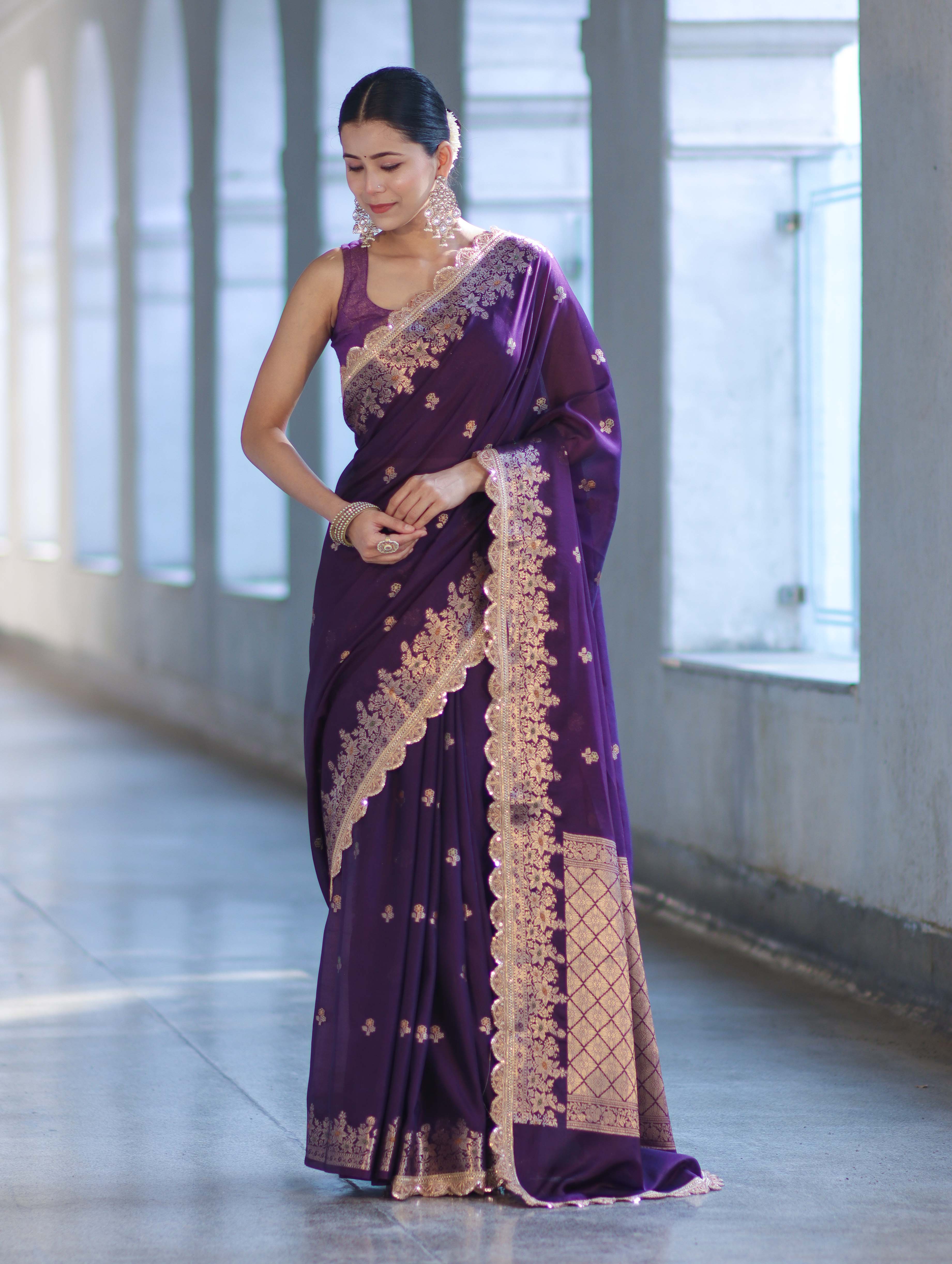 Banarasee Handloom Semi Silk Saree With Zari Buti Design & Lace Border-Violet