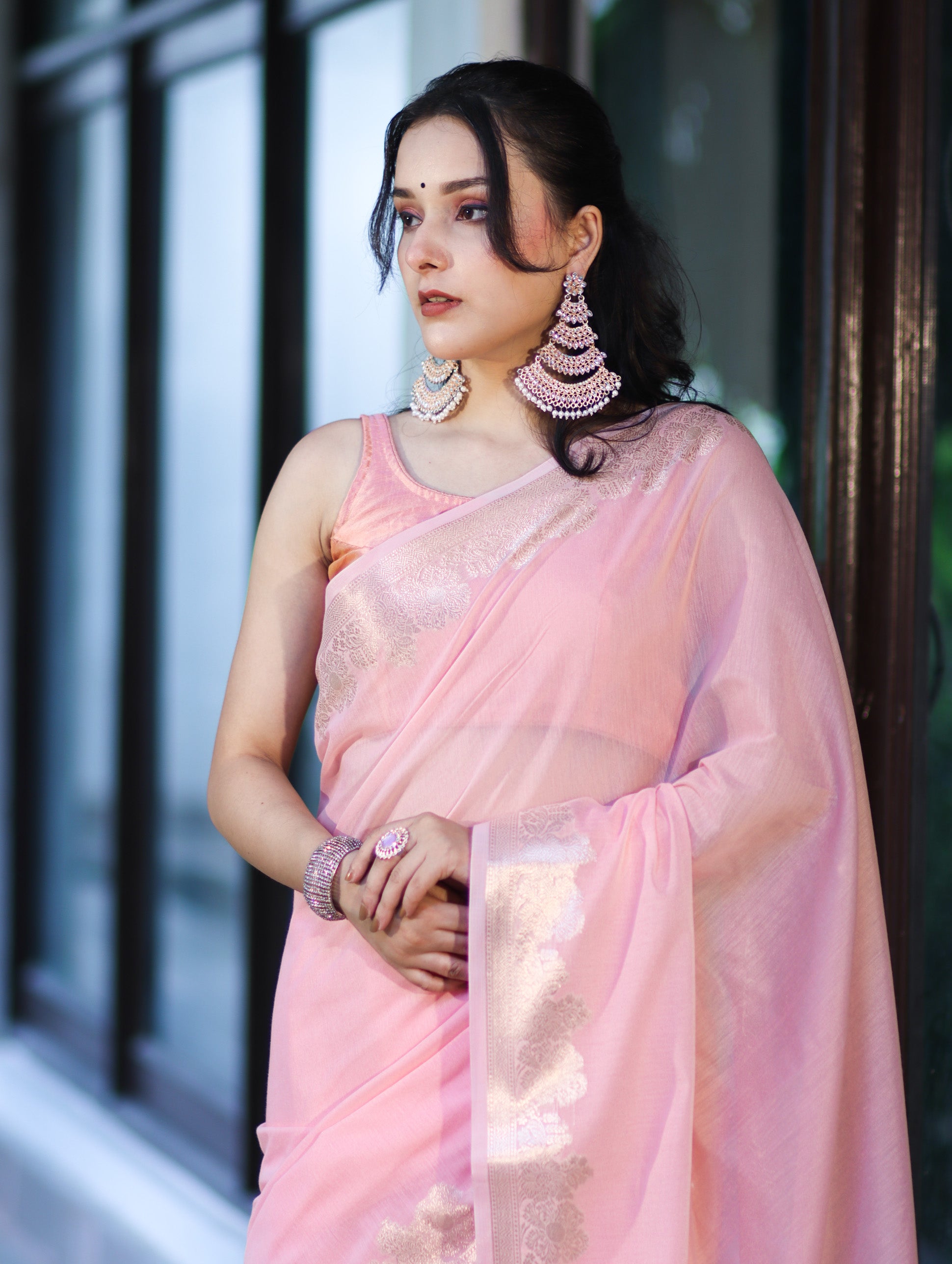 Banarasee Handloom Cotton Silk Plain Saree With Floral Zari Border-Light Pink