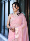 Banarasee Handloom Cotton Silk Plain Saree With Floral Zari Border-Light Pink